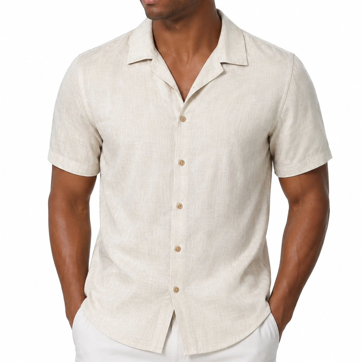 Camicia da uomo L in tessuto effetto lino beige a maniche corte stile resort