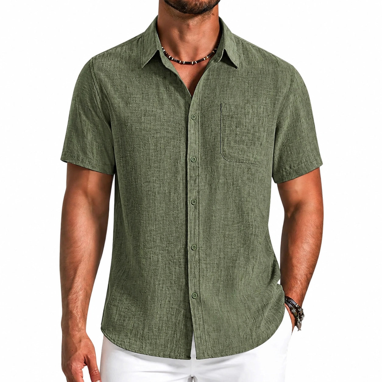 Camicia uomo L verde oliva a maniche corte in tessuto testurizzato stile casual