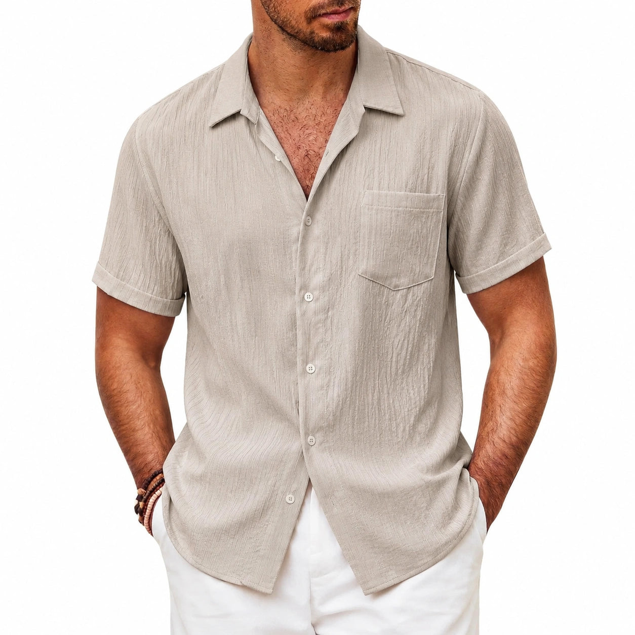 Camicia da uomo L beige a maniche corte con taschino stile casual