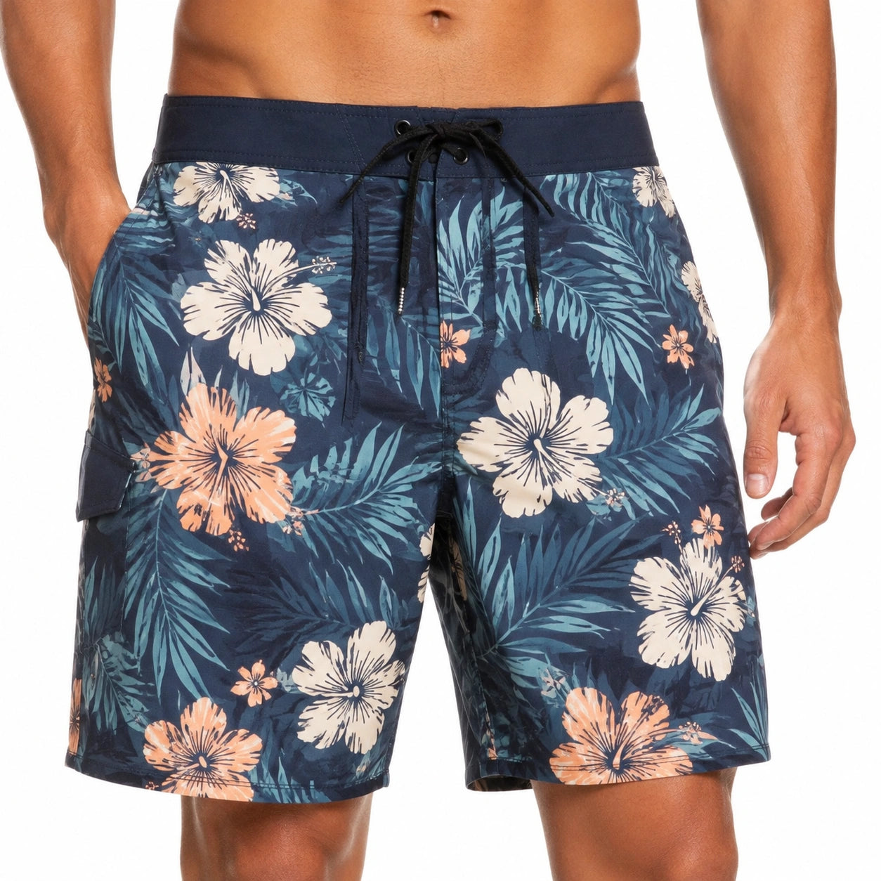 Costume da bagno uomo M in tessuto blu con stampa floreale - pantaloncini mare con coulisse e tasche