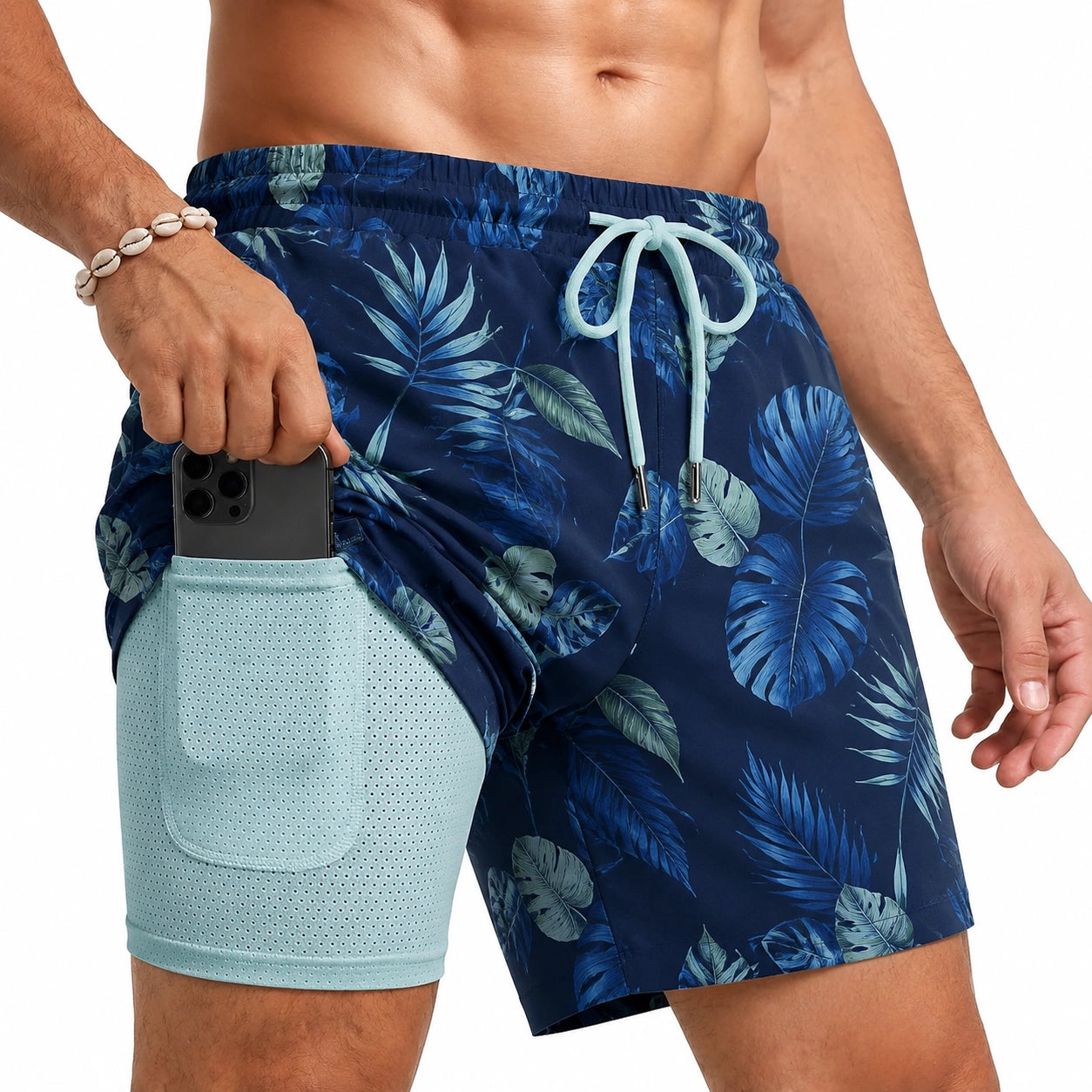 Costume da bagno uomo M blu con stampa tropicale e tasca portacellulare interna