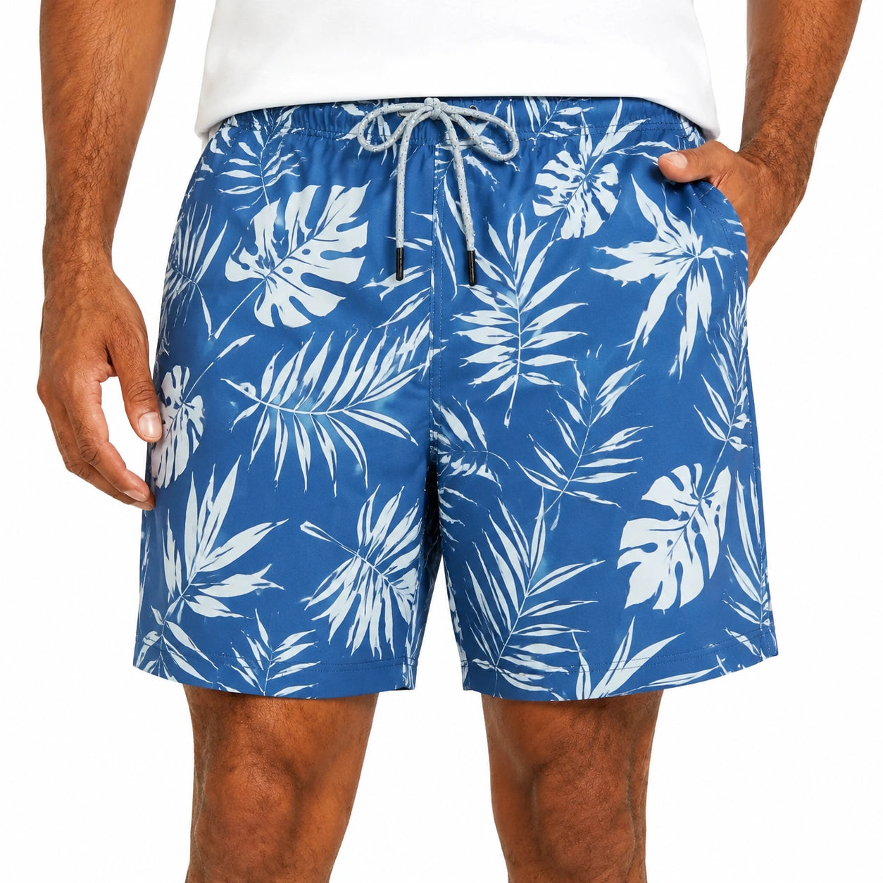 Costume da bagno uomo L in tessuto blu bianco con stampa tropicale e coulisse