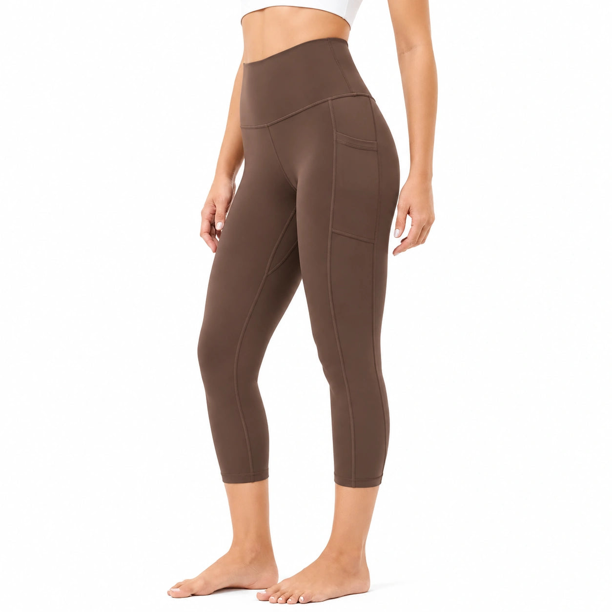 Leggings sportivi donna taglia S marrone a vita alta con tasca laterale