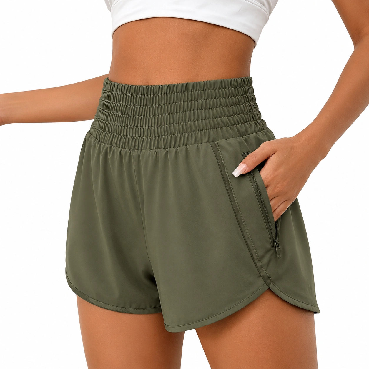 Shorts donna taglia S in tessuto sintetico verde oliva con tasche zip