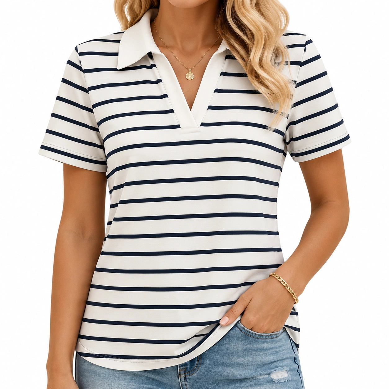 Polo donna taglia S in tessuto bianco/blu a righe con colletto e maniche corte