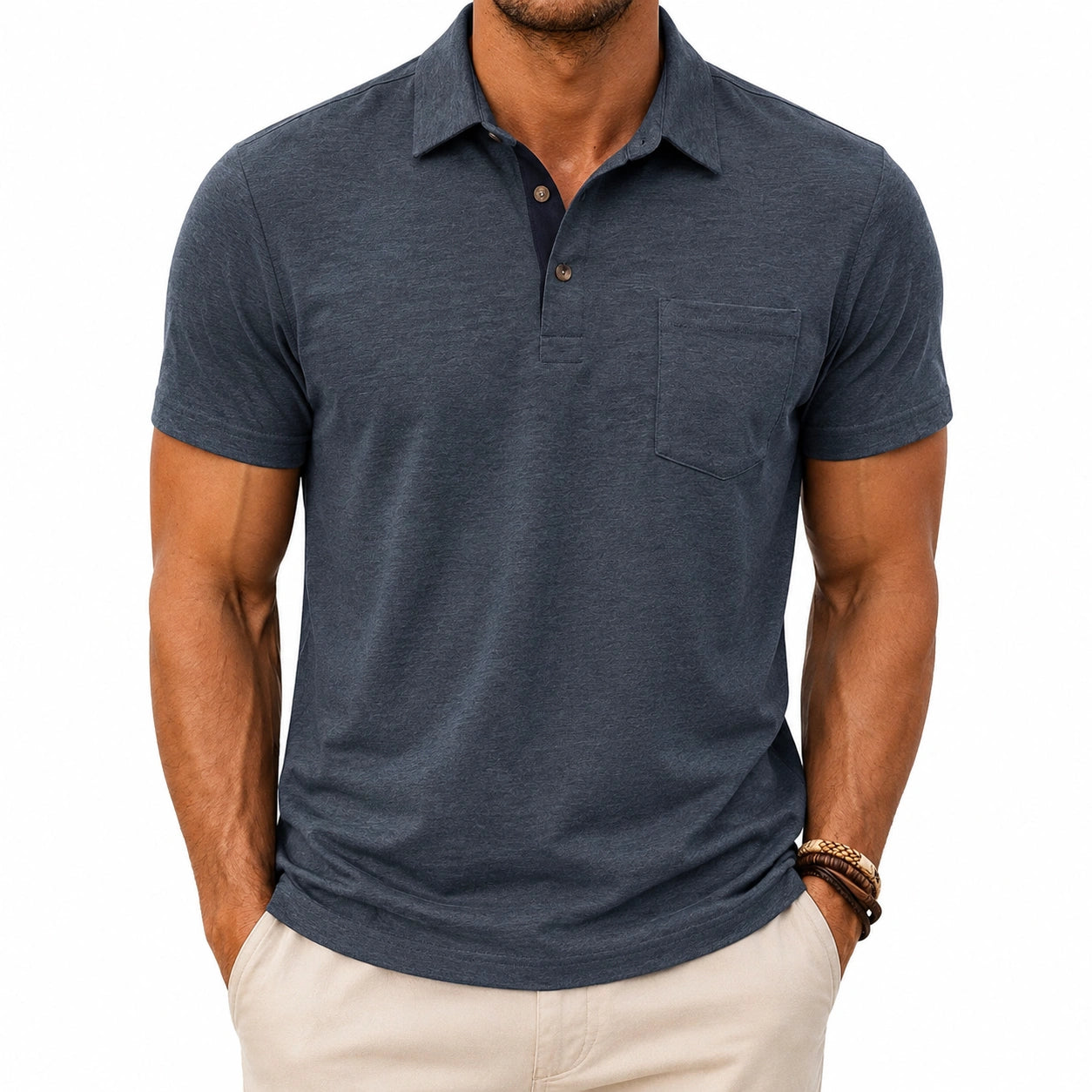 Polo da uomo taglia M blu scuro in tessuto a maglia con taschino stile casual
