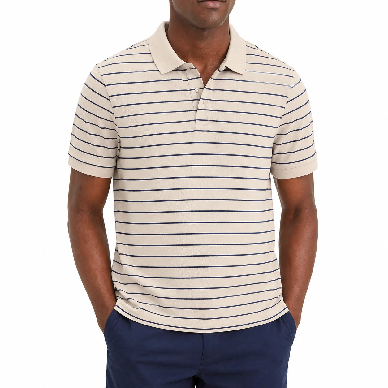 Polo uomo taglia L beige a righe blu navy in tessuto a maglia a maniche corte