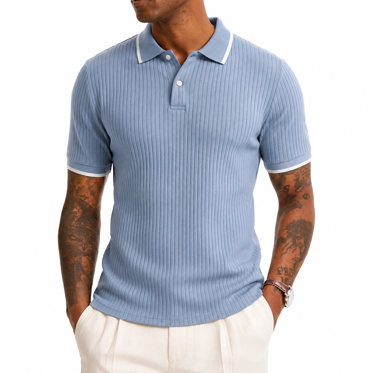 Polo uomo taglia L in maglia a coste azzurra - maniche corte stile casual