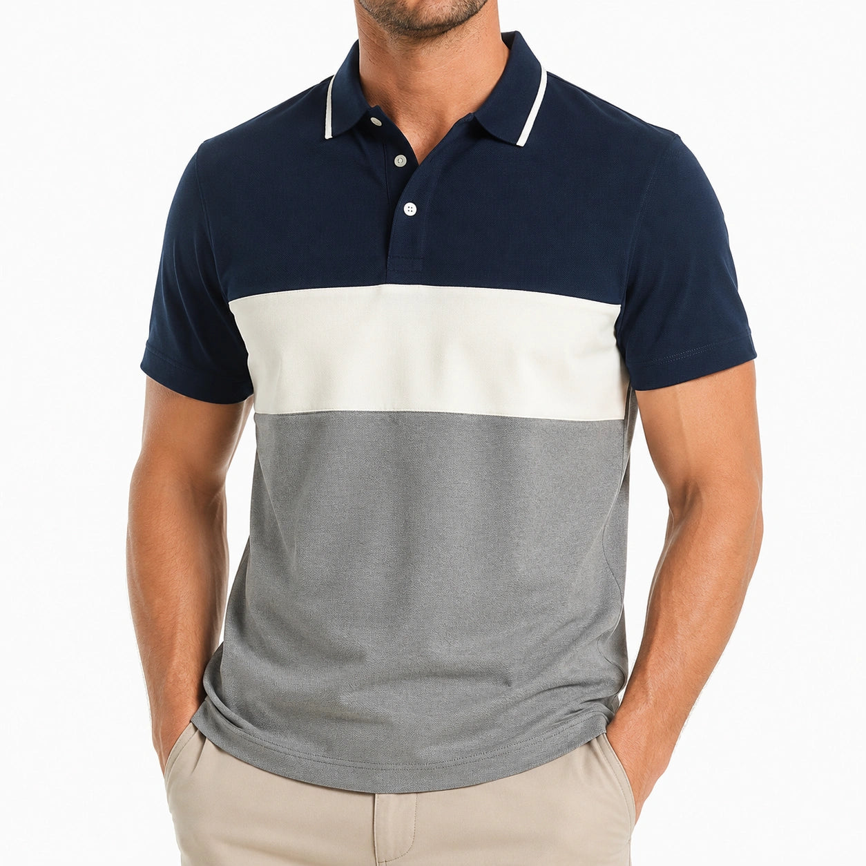 Polo uomo L blu bianco grigio a blocchi di colore in tessuto a maglia maniche corte