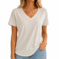 Maglietta donna taglia L in tessuto beige con scollo a V - stile casual