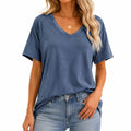 T-shirt da donna L in jersey blu ardesia a manica corta con scollo a V vestibilità morbida
